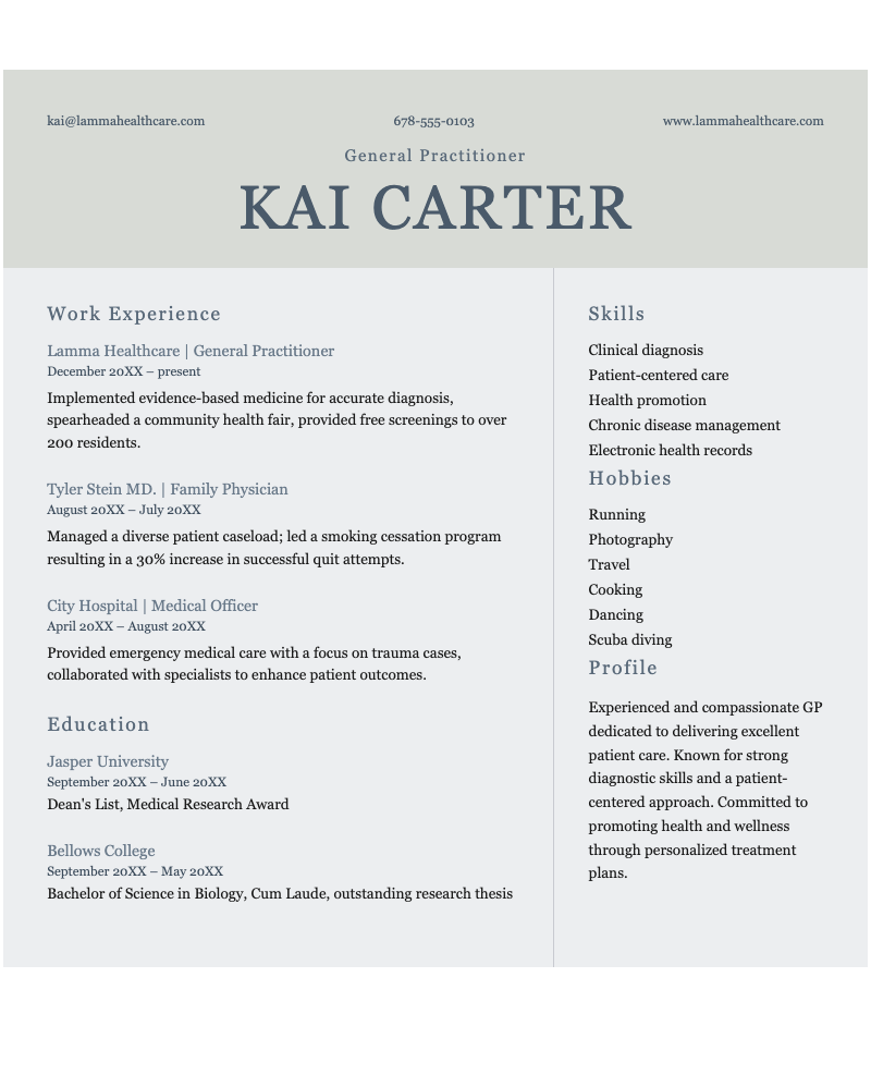 Modern traditional professional resume - Medical professional resume for doctors featuring clean columns, serif typography and structured work history.